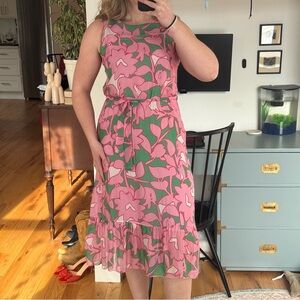 Floral Pink and Green Silk Sleeveless Dress